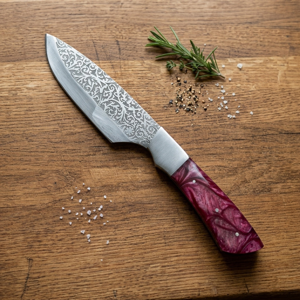 A kitchen knife with a patterned Damascus steel blade and a textured dark red handle, resting on a wooden cutting board with salt, pepper, and rosemary.