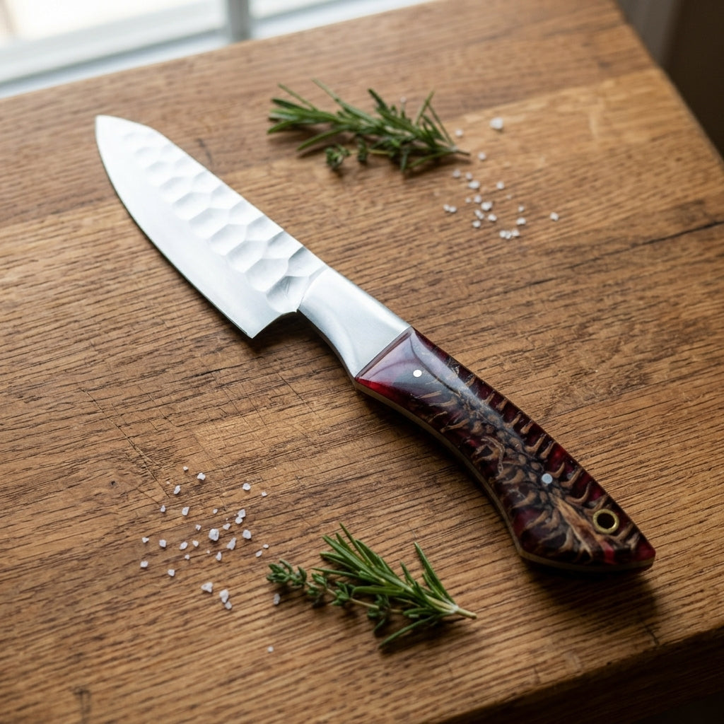 A chef's knife with a hammered silver blade and a dark reddish-brown wood handle, resting on a wooden cutting board with rosemary sprigs and coarse salt.