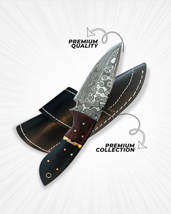 Classic Damascus Steel Fixed Blade Knife – 4″ Blade with Black Plastic/Wood Handle & Leather Sheath