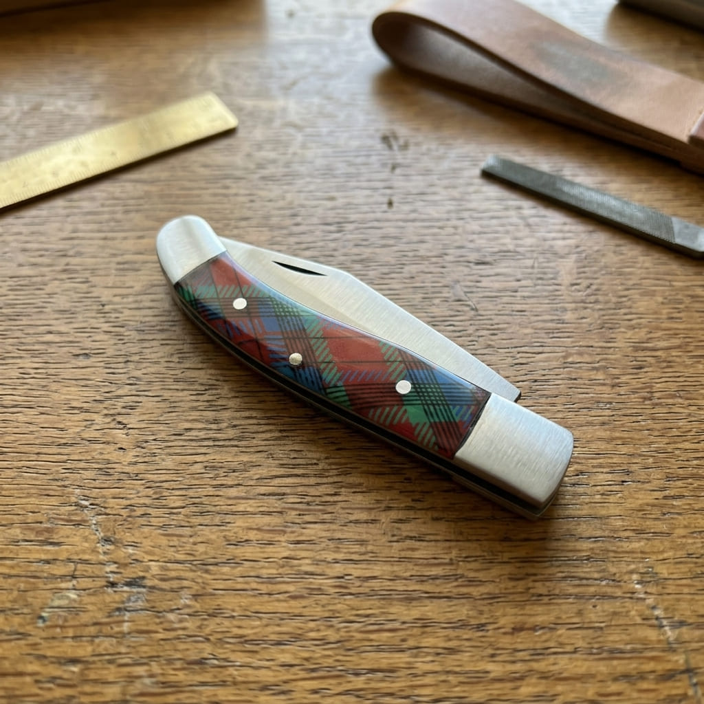 A old southern stainless steel pocket knife with a red, green, and blue tartan plaid handle, resting on a wooden workbench next to leather and metal tools.