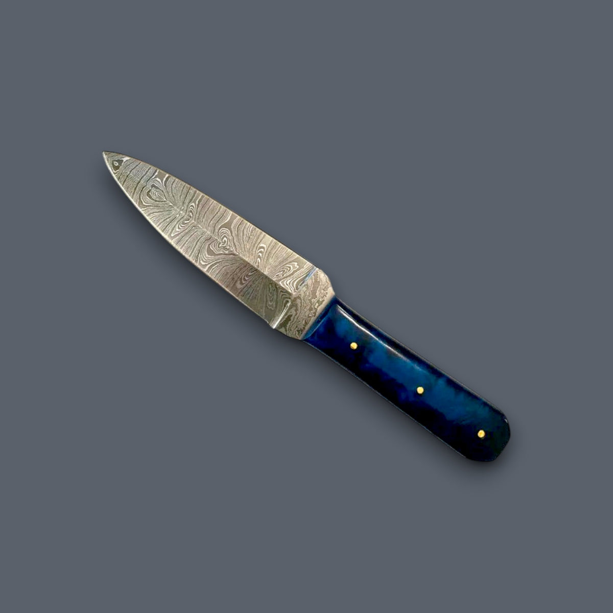 Damascus Fixed Blade Knife with Blue Resin Handle – 4.5" Hand-Forged Blade & Genuine Leather Sheath