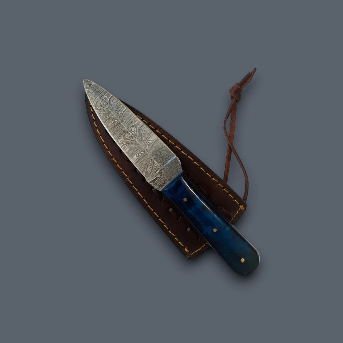 Damascus Fixed Blade Knife with Blue Resin Handle – 4.5" Hand-Forged Blade & Genuine Leather Sheath