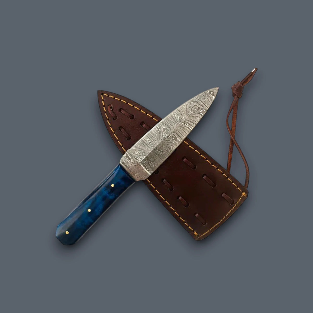Damascus Fixed Blade Knife with Blue Resin Handle – 4.5" Hand-Forged Blade & Genuine Leather Sheath