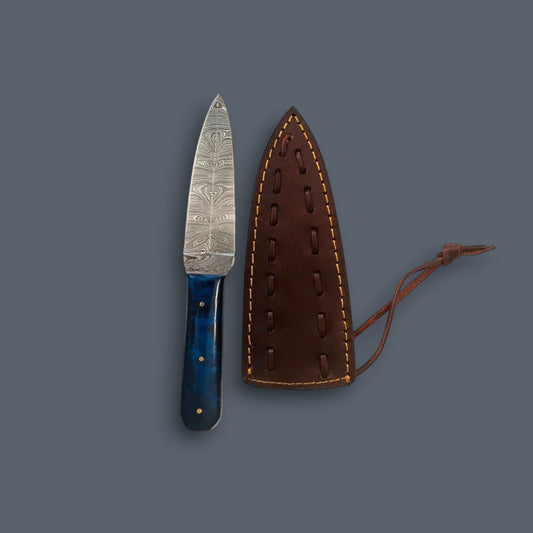 Damascus Fixed Blade Knife with Blue Resin Handle – 4.5" Hand-Forged Blade & Genuine Leather Sheath