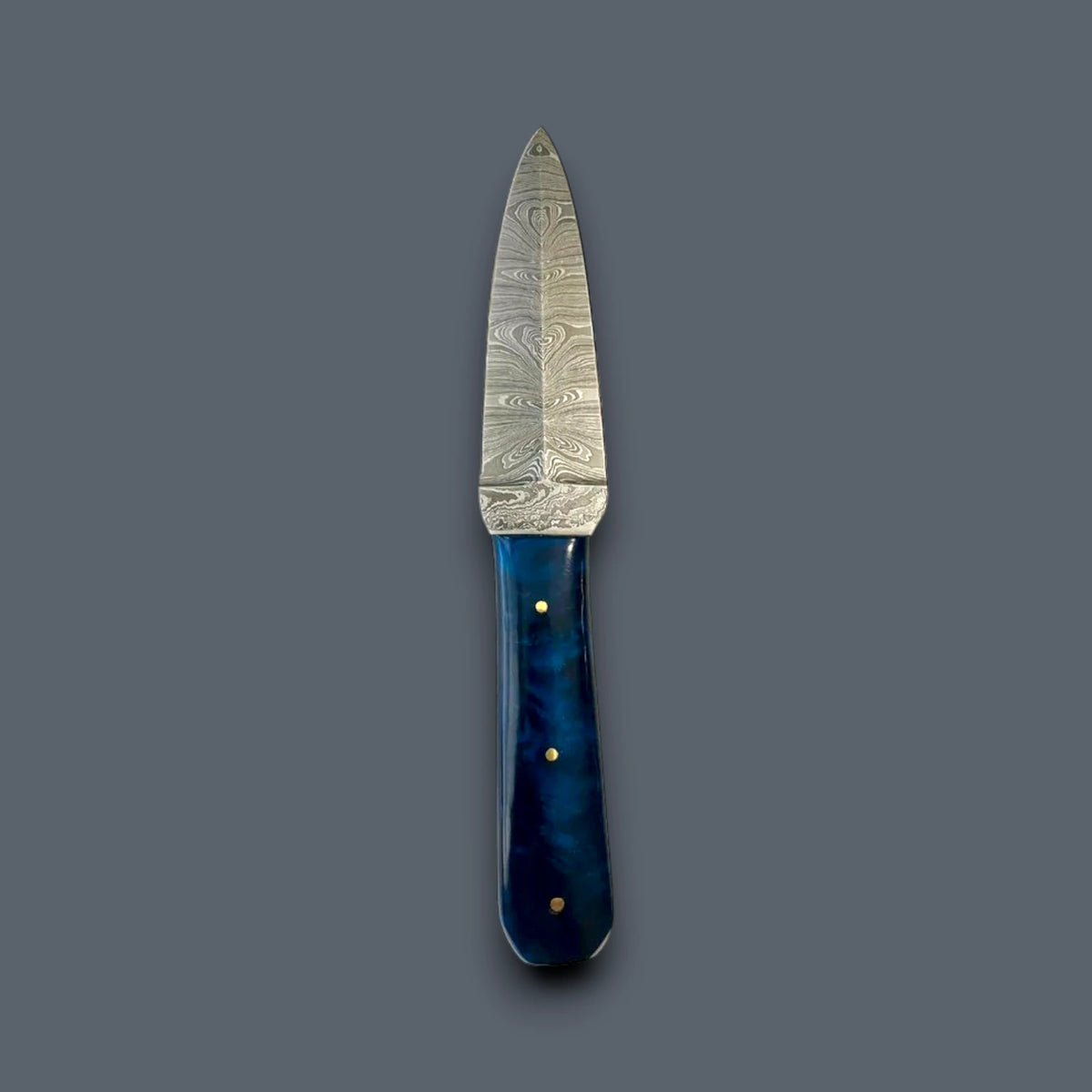 Damascus Fixed Blade Knife with Blue Resin Handle – 4.5" Hand-Forged Blade & Genuine Leather Sheath
