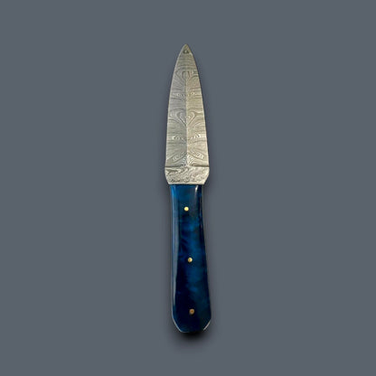 Damascus Fixed Blade Knife with Blue Resin Handle – 4.5" Hand-Forged Blade & Genuine Leather Sheath