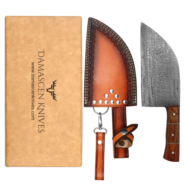 Damascen 12-inch Damascus steel kitchen knife with wooden handle, leather sheath, and branded gift box.