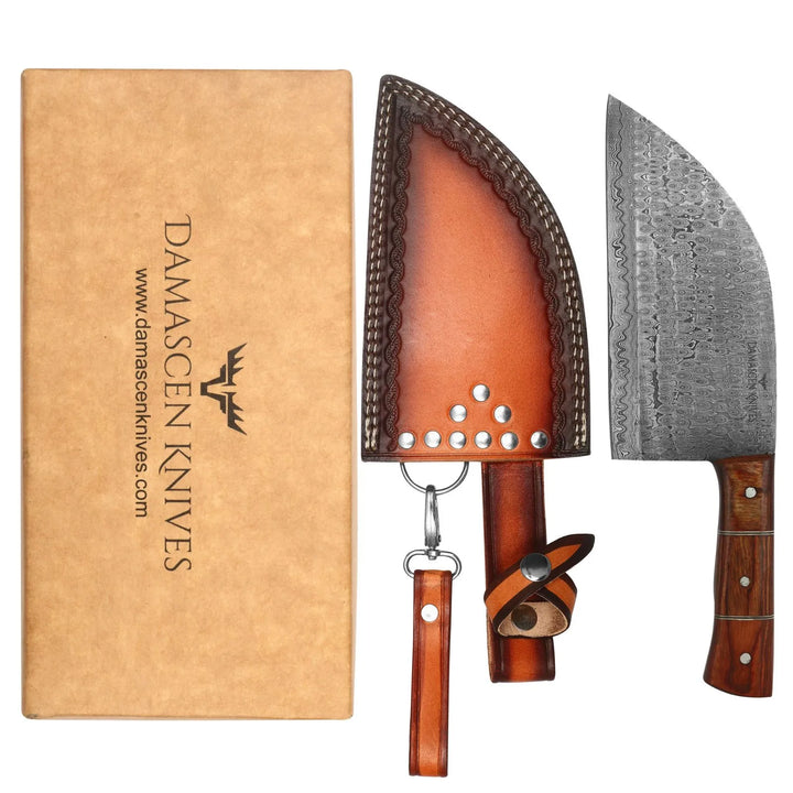 Damascen 12-inch Damascus steel kitchen knife with wooden handle, leather sheath, and branded gift box.