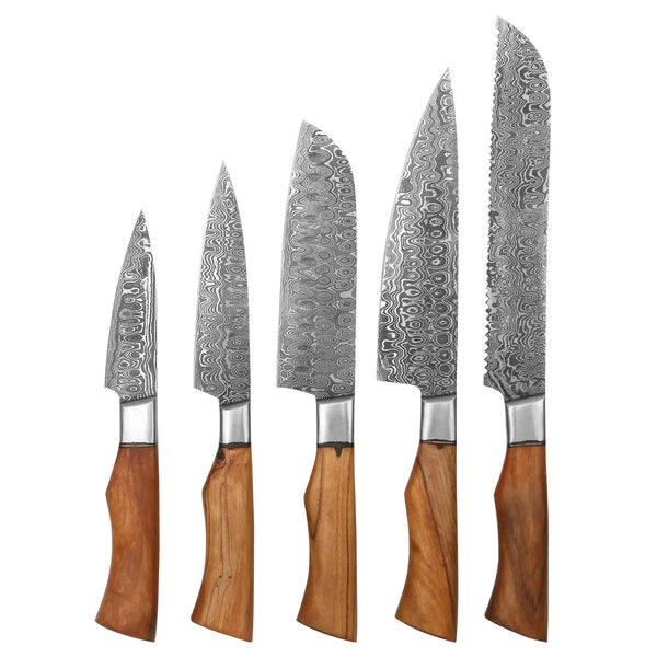 Damascen Knives 5-piece Damascus steel kitchen knife set with full-tang wooden handles and hand-forged blades.