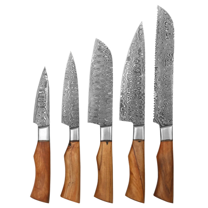 Damascen Knives 5-piece Damascus steel kitchen knife set with full-tang wooden handles and hand-forged blades.