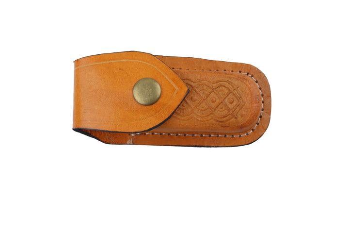 Damascen Damascus folding pocket knife displayed with handcrafted leather sheath.