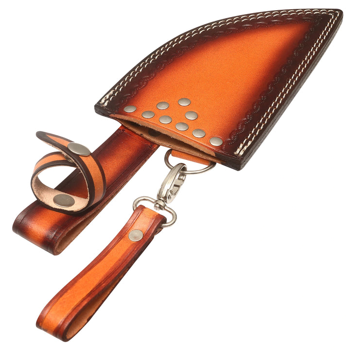 Premium Damascen kitchen knife made of Damascus steel with ergonomic wooden handle and leather sheath.