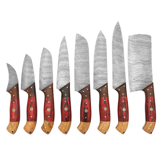 8-piece Damascus steel kitchen knife set with hand-finished redwood and olive wood handles made up of a series of precision-cutting blades.