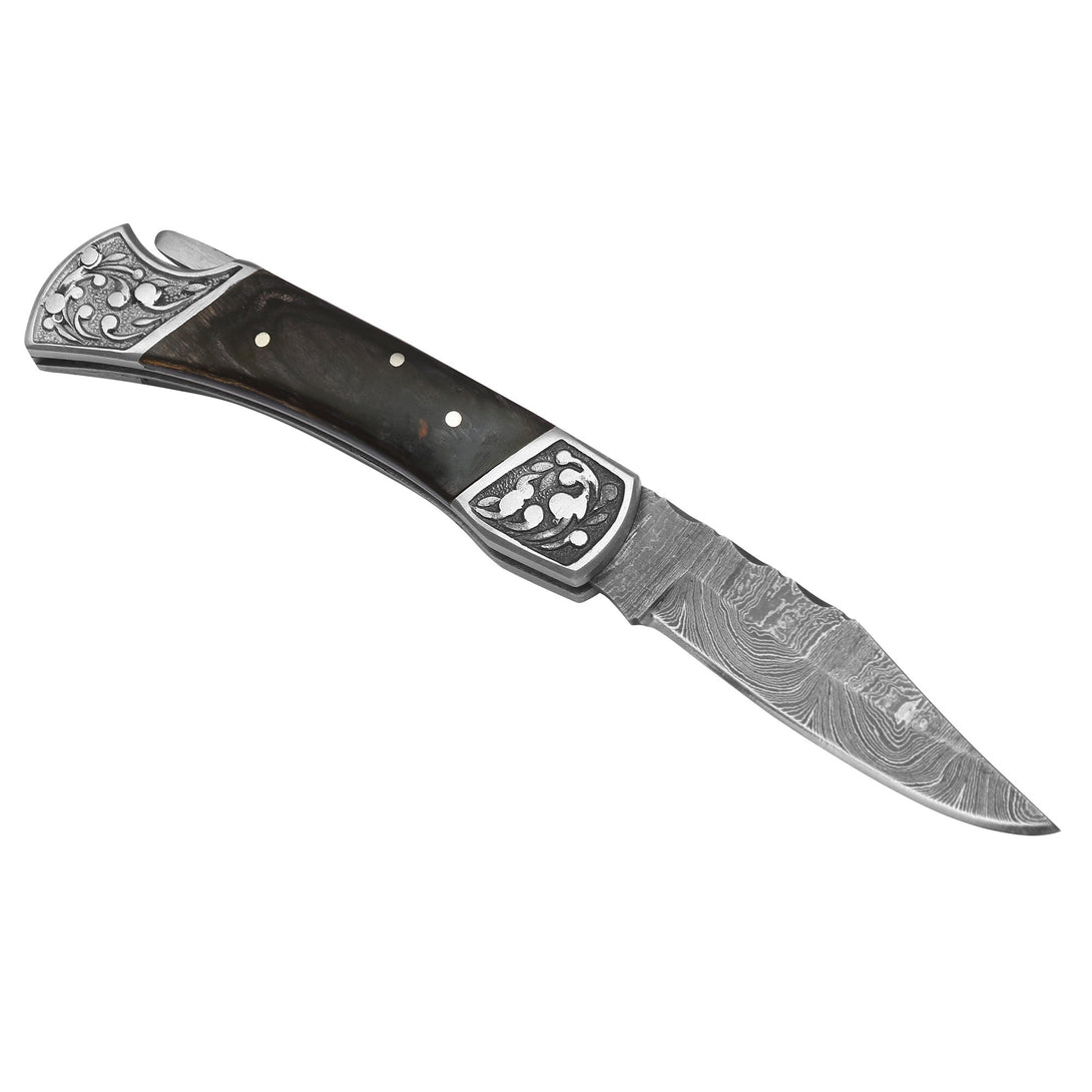 DAMASCEN KNIVES Classic Lockback Folding Knife Horn Handle