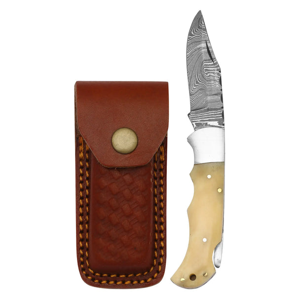 Damascus steel folding pocket knife with bone handle and leather sheath