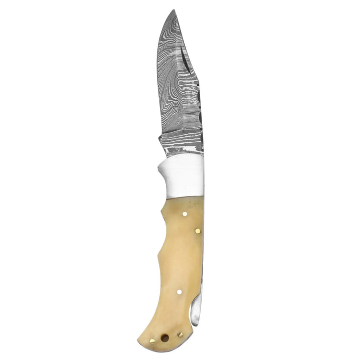 Folding Damascus knife with polished bone handle
