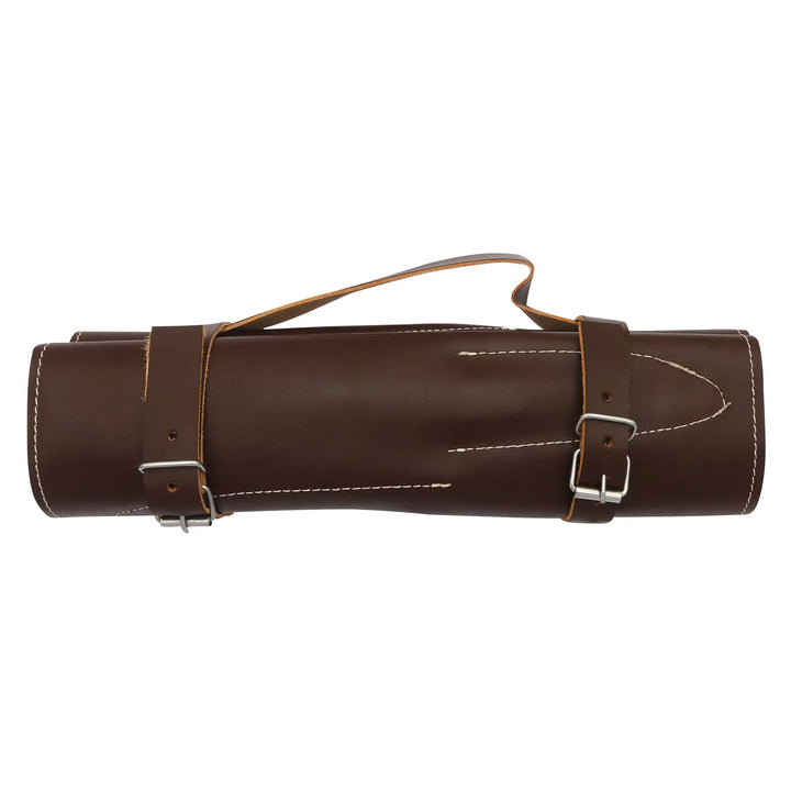 Genuine leather roll case for Damascen 5-piece Damascus steel kitchen knife set.