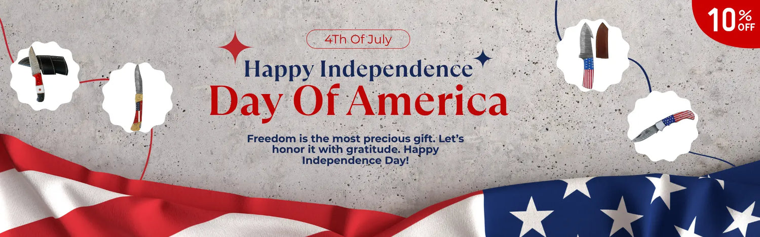 4th of July Happy Independence Day banner featuring USA-themed Damascus knives, patriotic ribbon design, American flag elements, and a 10% OFF