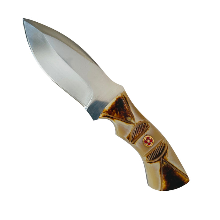 Close-up of hand-polished bone handle on 4-inch Damascus fixed blade hunting knife.