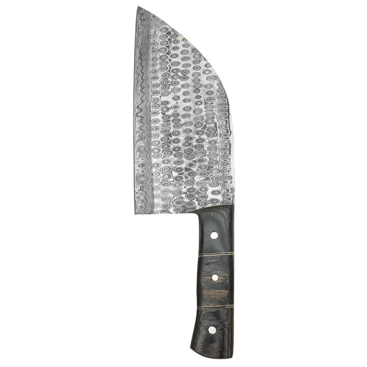 Vertical close-up of Damascus pattern on 7-inch meat cleaver blade