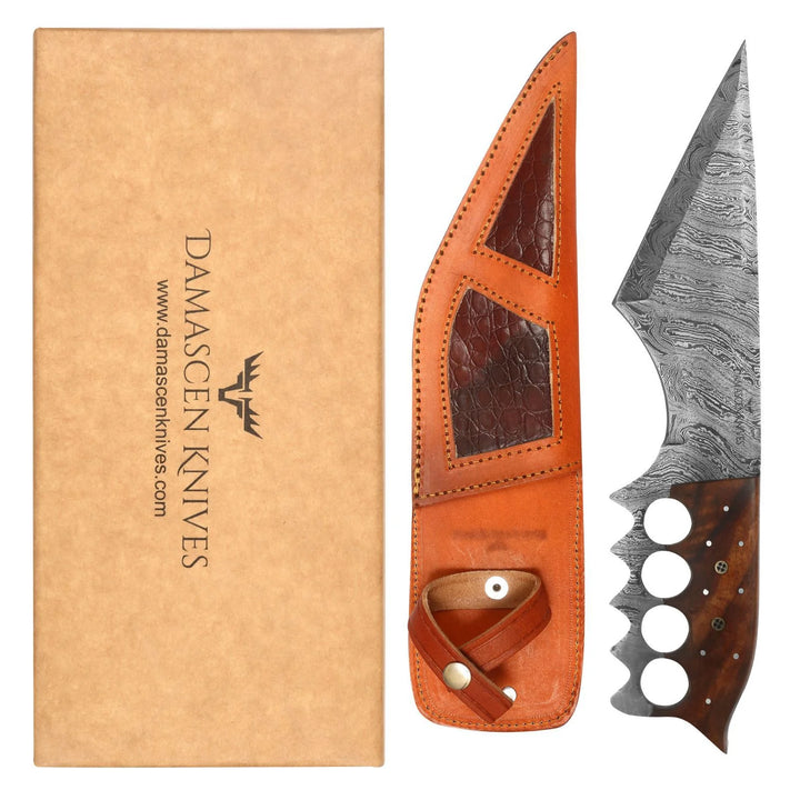 Damascus hunting knife with finger hole grip, wood handle, leather sheath, and gift box