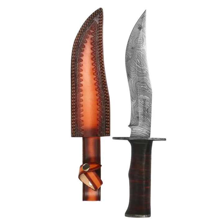 Damascus fixed blade hunting knife with leather sheath – full tang 15 inch brown handle