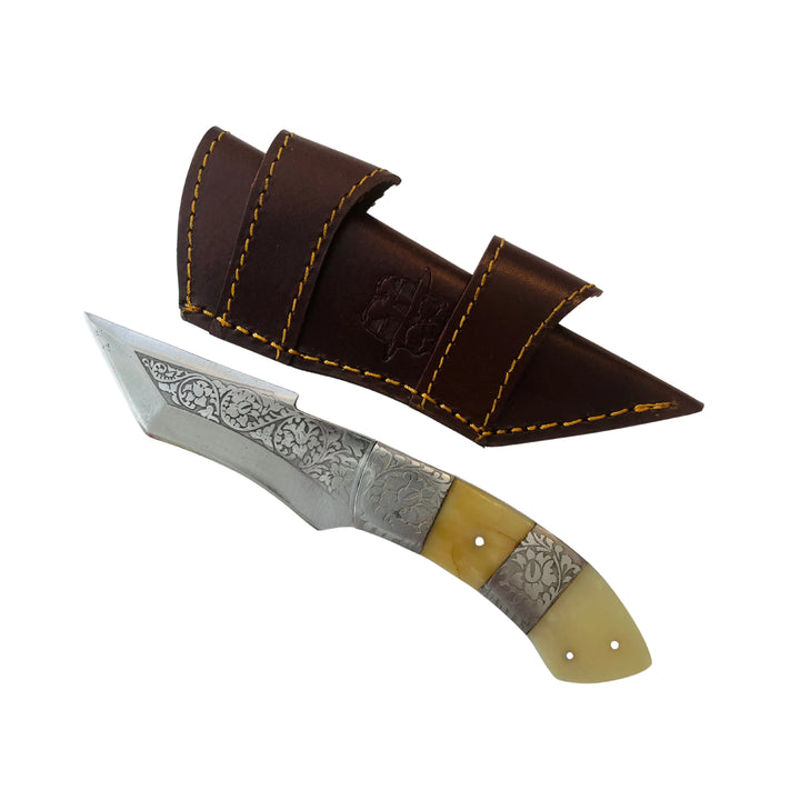 Damascus fixed blade knife with bone handle and brown leather sheath