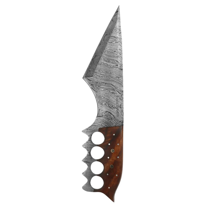 Side view of Damascus fixed blade knife with finger ring grip and wooden handle