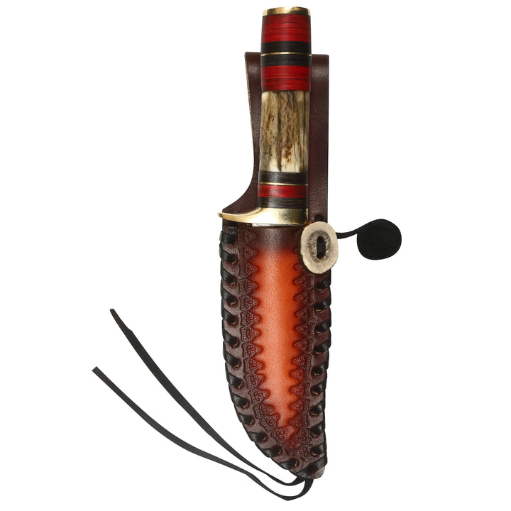 Damascus fixed blade knife in brown leather sheath with red horn handle – handcrafted hunting knife