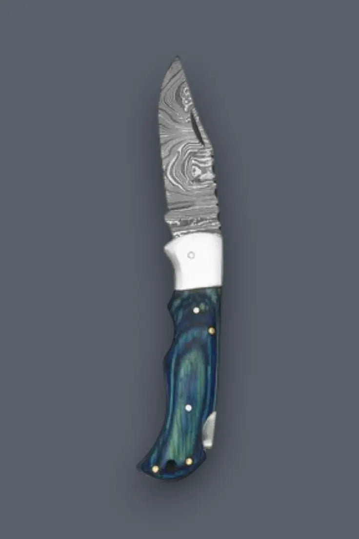 Opened Damascus folding knife featuring a distinct blue textured handle and patterned steel blade.
