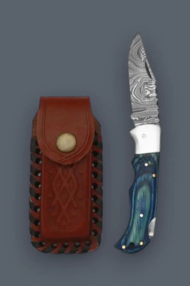 Blue handle Damascus compact folding pocket knife with sheath set for EDC and outdoor use.