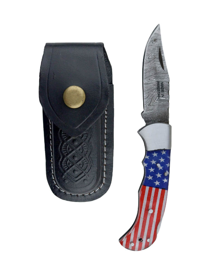 Damascus Folding Pocket Knife 6.5 inch with US Flag handle and leather sheath open view