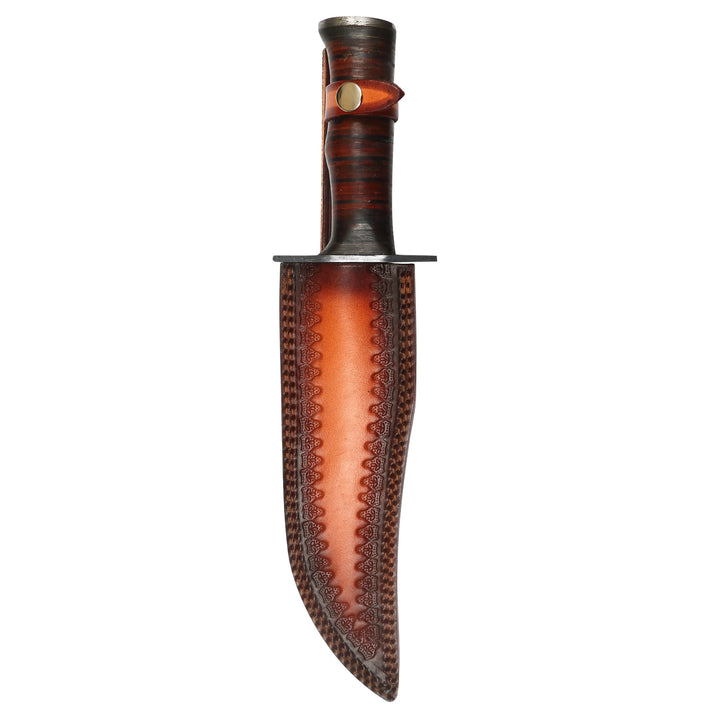 Brown leather sheath with Damascus hunting knife full tang handle visible