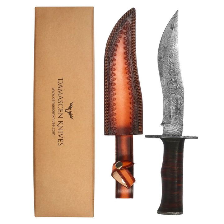 15 inch Damascus hunting knife with box packaging and leather sheath