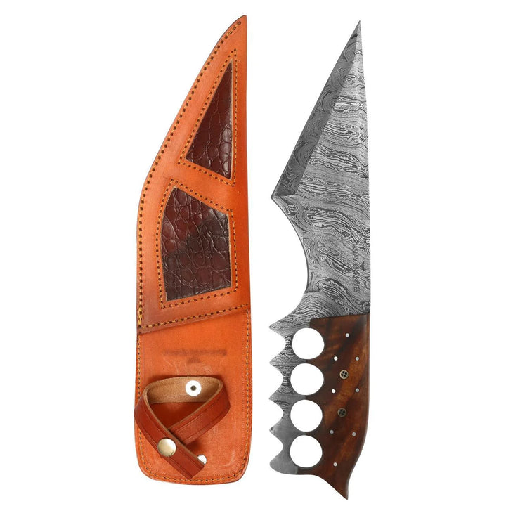 Front view of Damascus hunting knife with wood handle and premium leather sheath