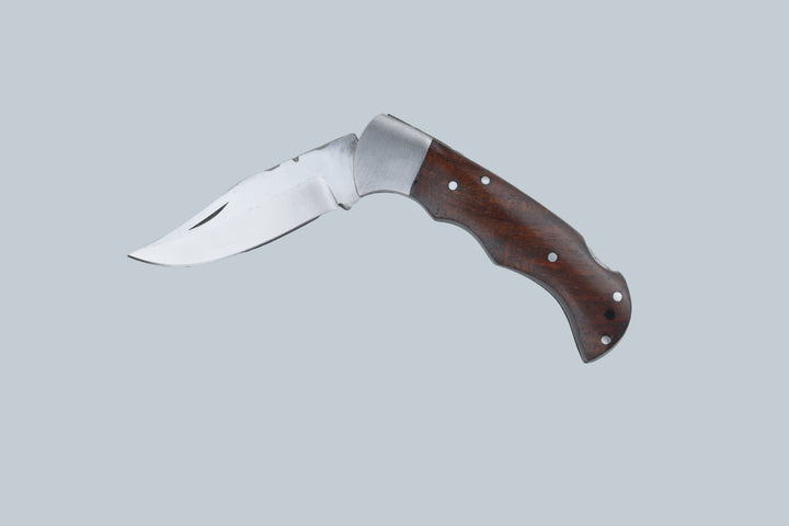 Open Lockback Damascus folding knife with stainless-steel blade and ergonomic wooden handle.