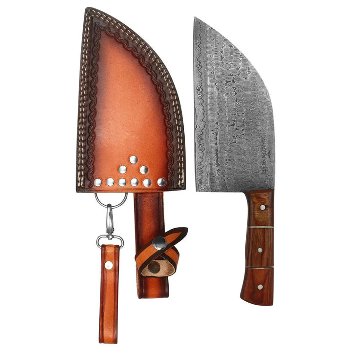 Hand-forged 12-inch Damascus steel kitchen knife with full-tang wooden handle and premium leather sheath.
