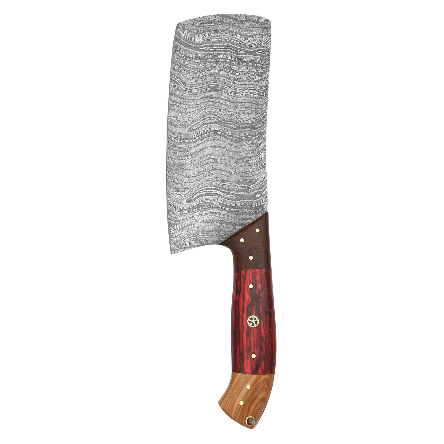 Curved Damascus steel paring knife with ergonomic redwood and olive wood handle