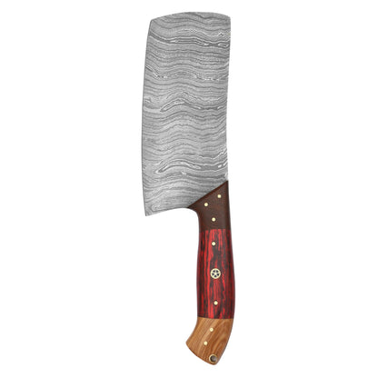 Curved Damascus steel paring knife with ergonomic redwood and olive wood handle