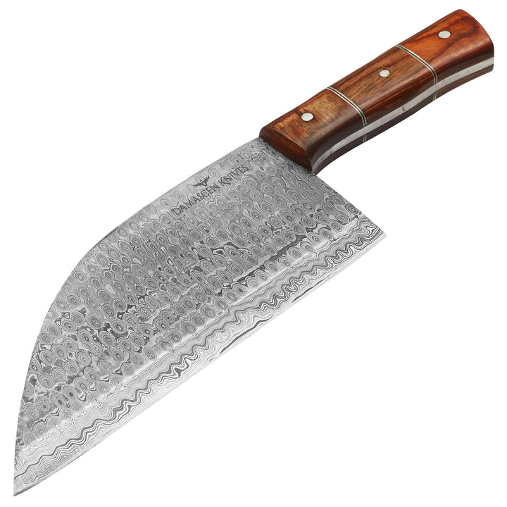 Close-up of Damascus steel kitchen knife showing detailed blade pattern and polished wooden handle.