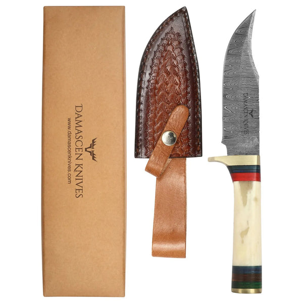 Hand-forged Damascus steel hunting knife with bone handle, leather sheath, and gift box — full-tang outdoor knife