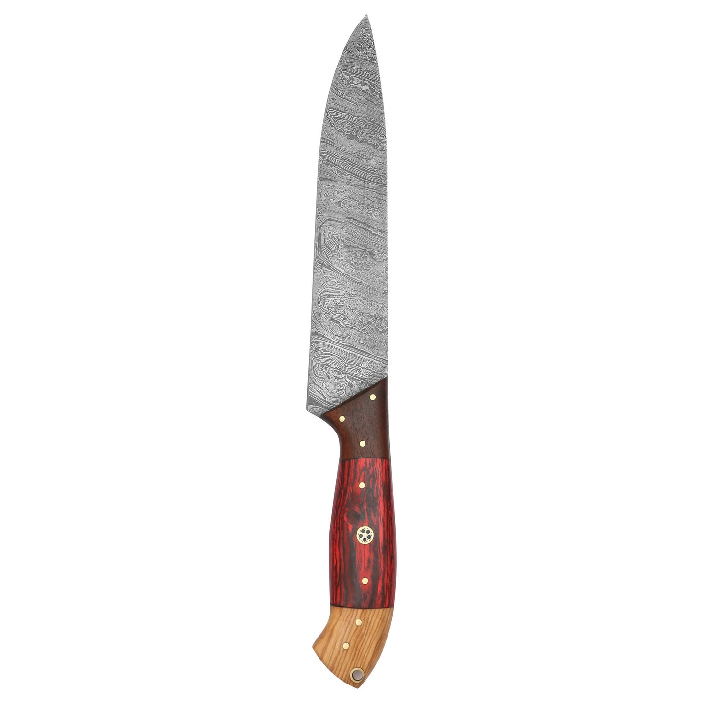 Straight-edged Damascus steel paring knife featuring a handcrafted wooden handle.