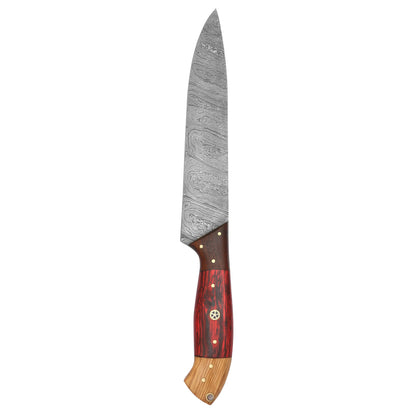 Straight-edged Damascus steel paring knife featuring a handcrafted wooden handle.