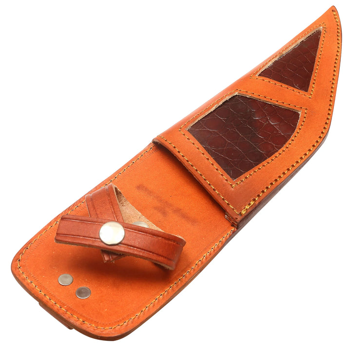 Close-up of Damascus steel blade pattern with multi-colored wood handle and finger grip