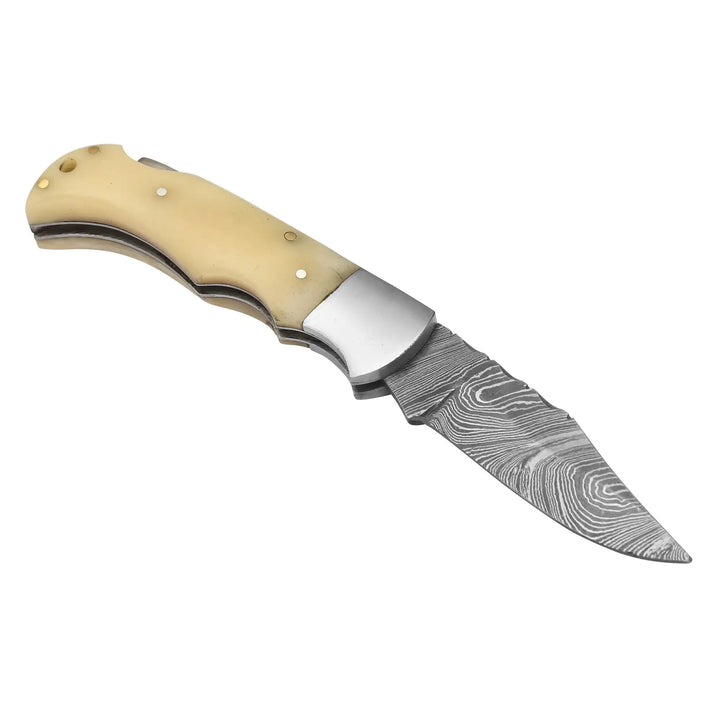 Side view of Damascus steel folding pocket knife with bone handle