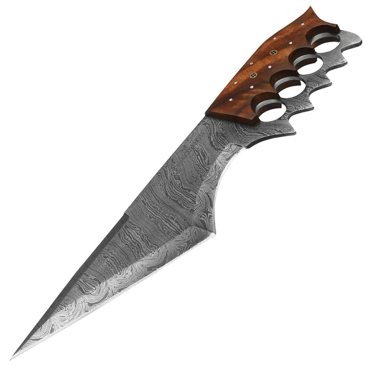 Angled view of Damascus steel tactical knife with finger hole handle