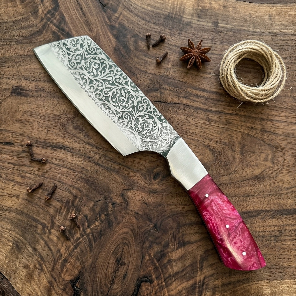A decorative kitchen knife with an ornate patterned Damascus-style steel blade and a glossy red resign handle, displayed diagonally on a rustic dark wood surface with spices and twine props.