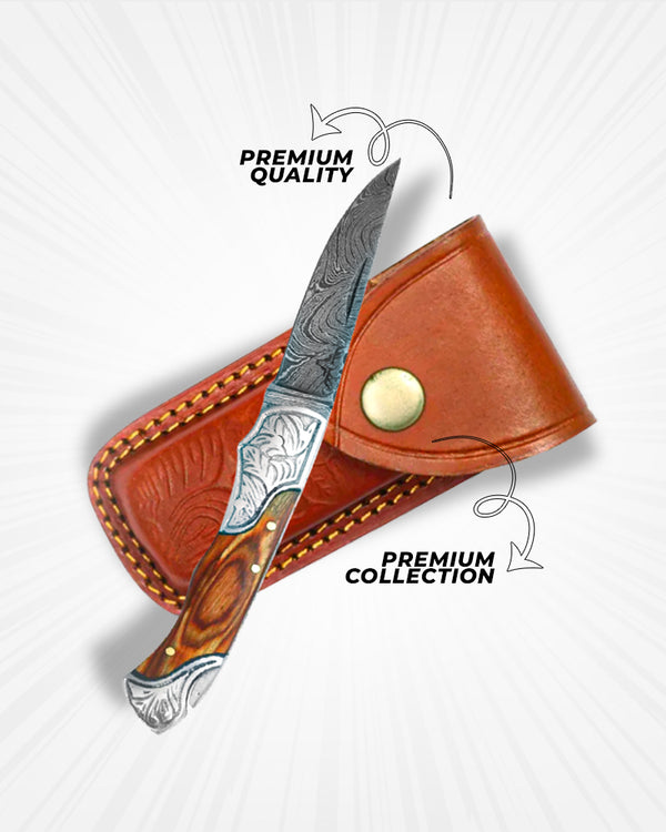 The Explorer’s Edge – Classic Lockback Damascus Folding Pocket Knife with Multicolor Wood Handle & Premium Cowhide Leather Sheath