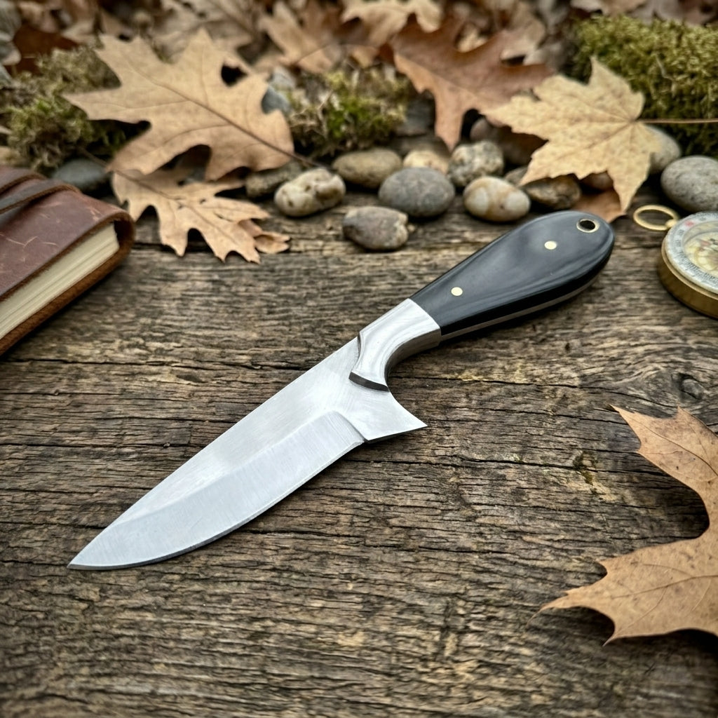 A fixed-blade knife with a satin-finished silver blade and a black handle secured by brass pins, resting on a rustic wooden surface surrounded by autumn leaves, moss, and small stones.