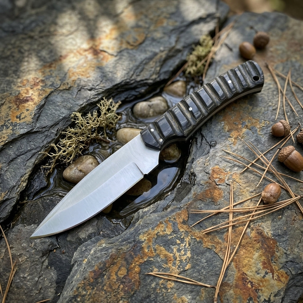 A fixed-blade knife with a satin-finished silver blade and a textured black handle, resting on a wet, mossy rock outdoors with pine needles and acorns scattered around.